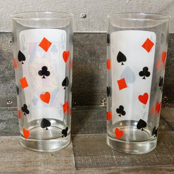 VINTAGE PLAYING CARDS HIGHBALL COCKTAIL GLASSES SPADES QUEEN ACE CLUBS SET OF 2 - Picture 2 of 8